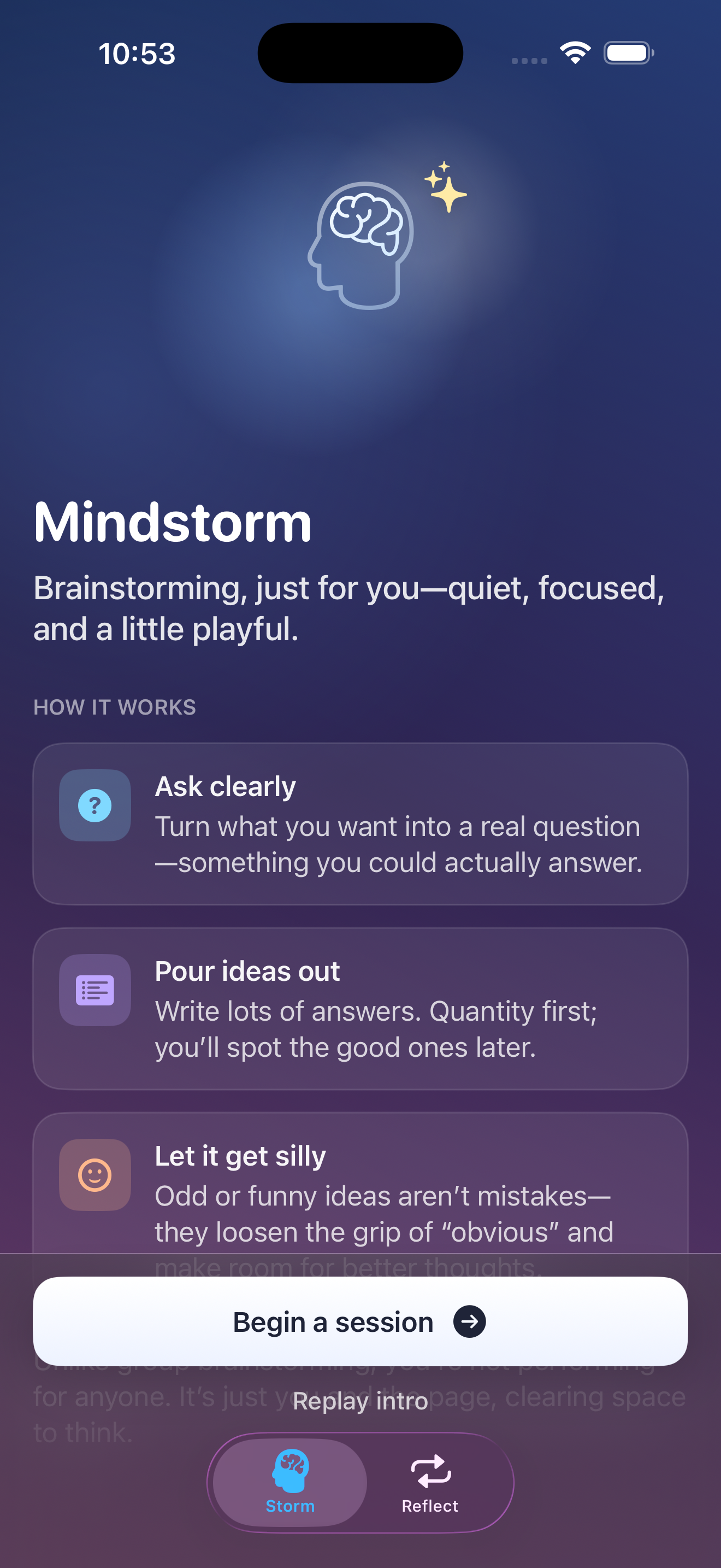MindStorm onboarding main screen