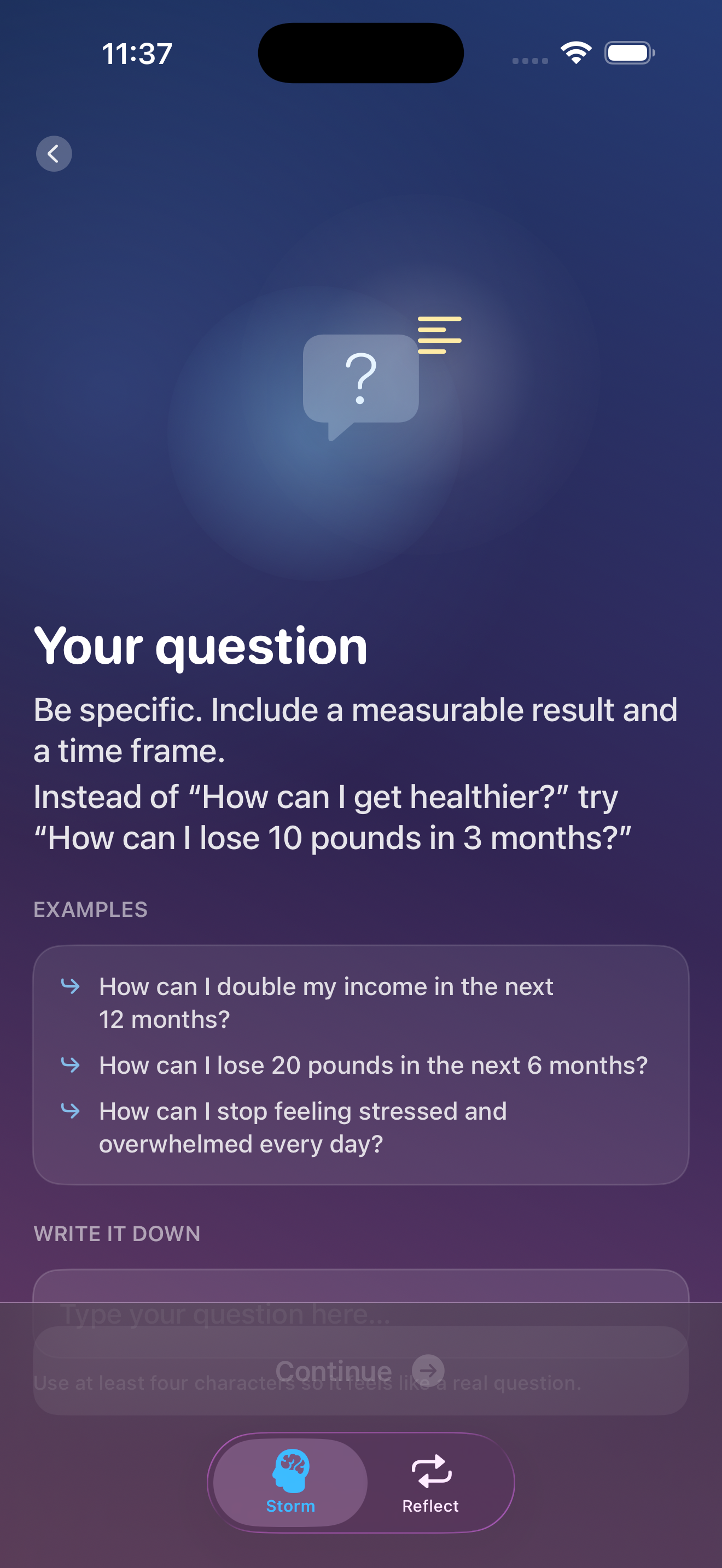 MindStorm onboarding step 1 screen