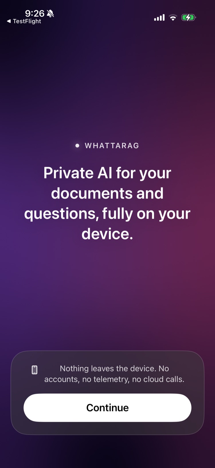 WhattaRAG onboarding — a private AI that runs on your device