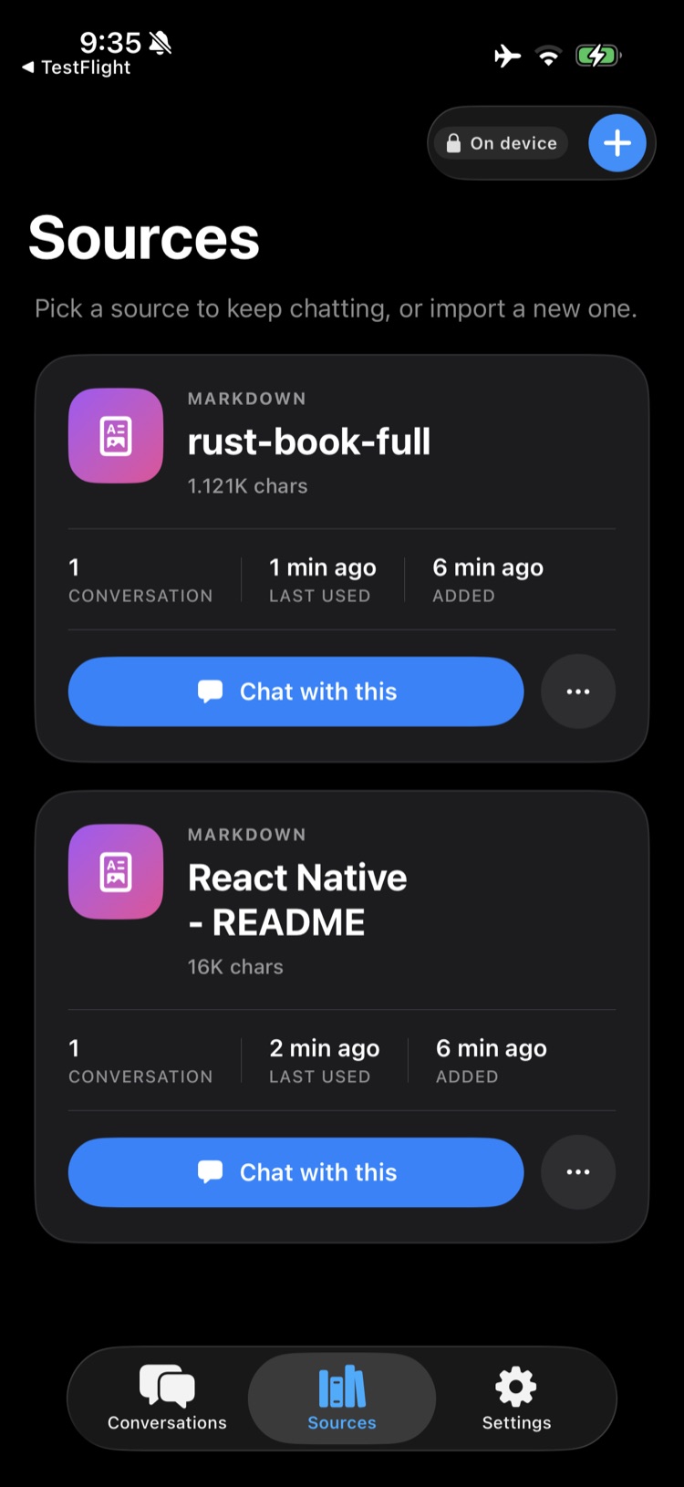 WhattaRAG sources list with imported documents